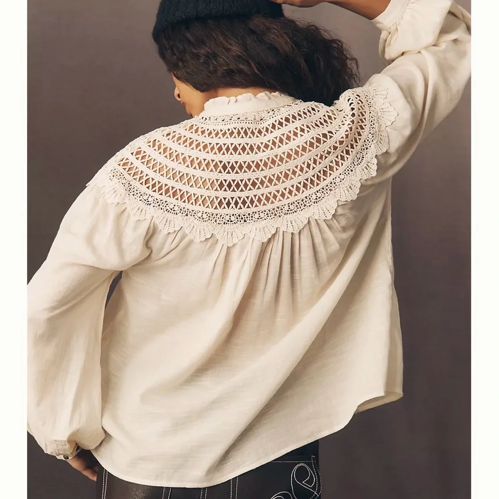 NWT Anthropologie Pilco Lace Yoke Peasant Elegant Cream Lace Blouse - Picture 3 of 11